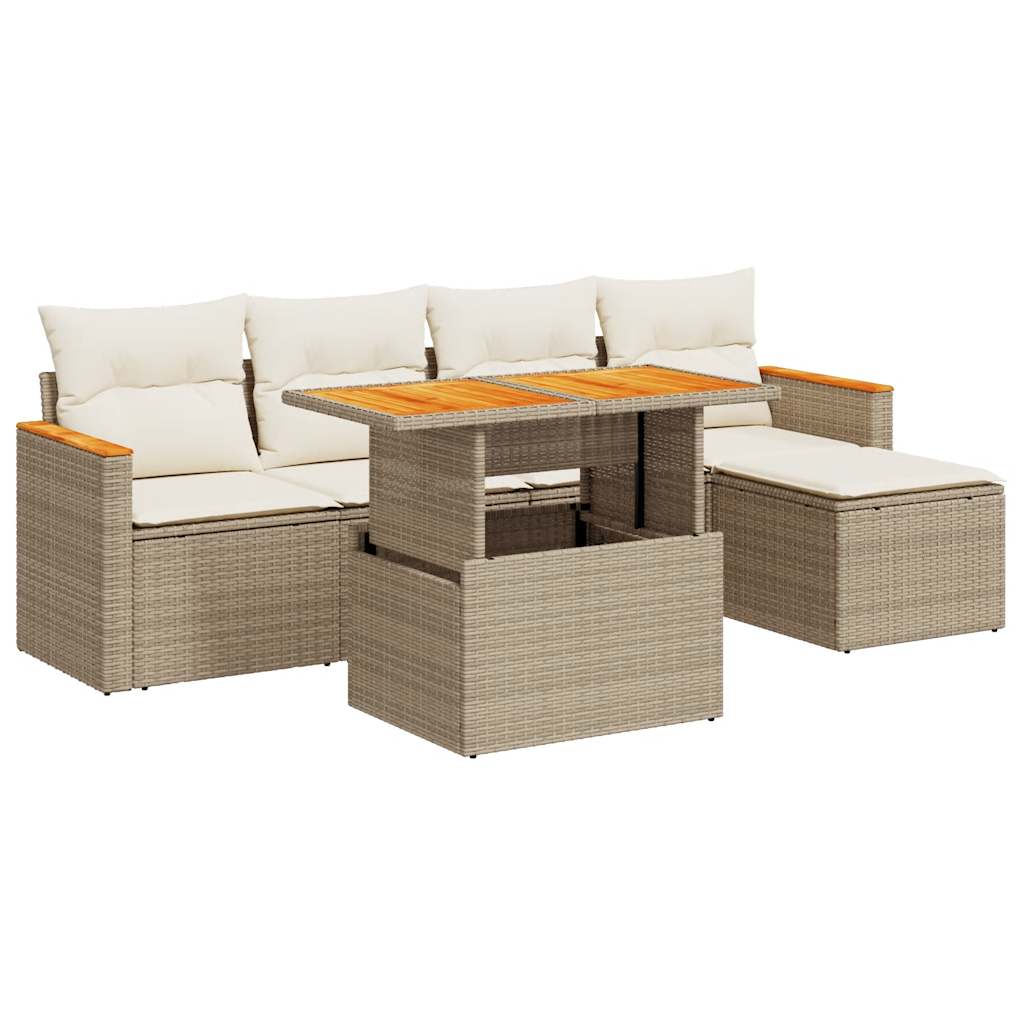 vidaXL 6 Piece Garden Sofa Set with Cushions Beige Poly Rattan Acacia