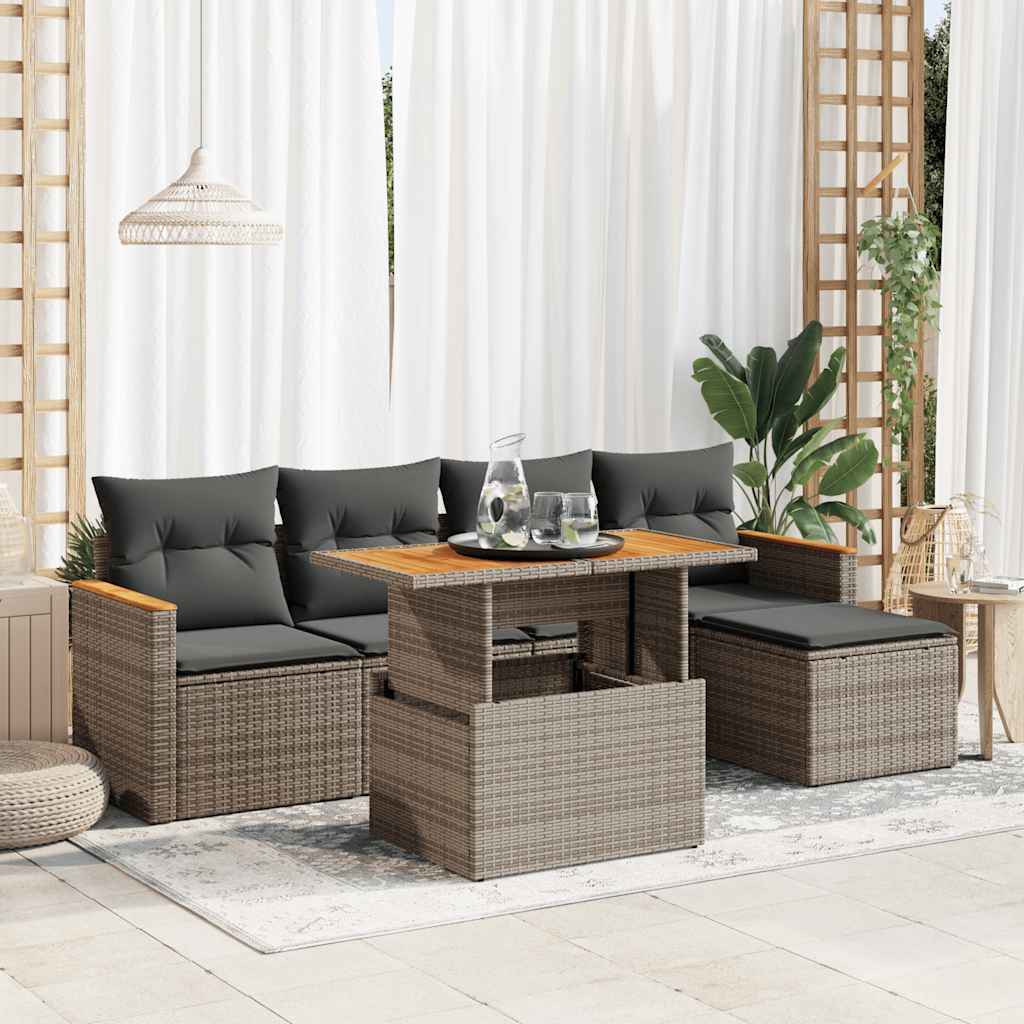 vidaXL 6 Piece Garden Sofa Set with Cushions Grey Poly Rattan Acacia