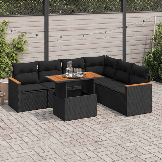 vidaXL 7 Piece Garden Sofa Set with Cushions Black Poly Rattan Acacia