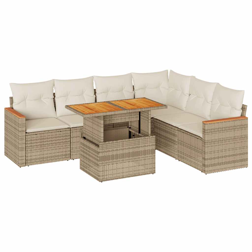 vidaXL 7 Piece Garden Sofa Set with Cushions Beige Poly Rattan Acacia