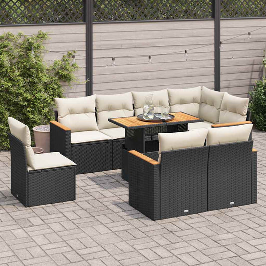 vidaXL 9 Piece Garden Sofa Set with Cushions Black Poly Rattan Acacia