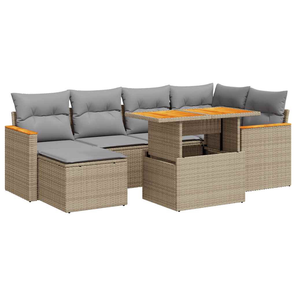 vidaXL 7 Piece Garden Sofa Set with Cushions Beige Poly Rattan Acacia