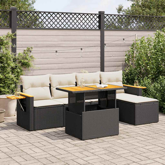 vidaXL 6 Piece Garden Sofa Set with Cushions Black Poly Rattan Acacia