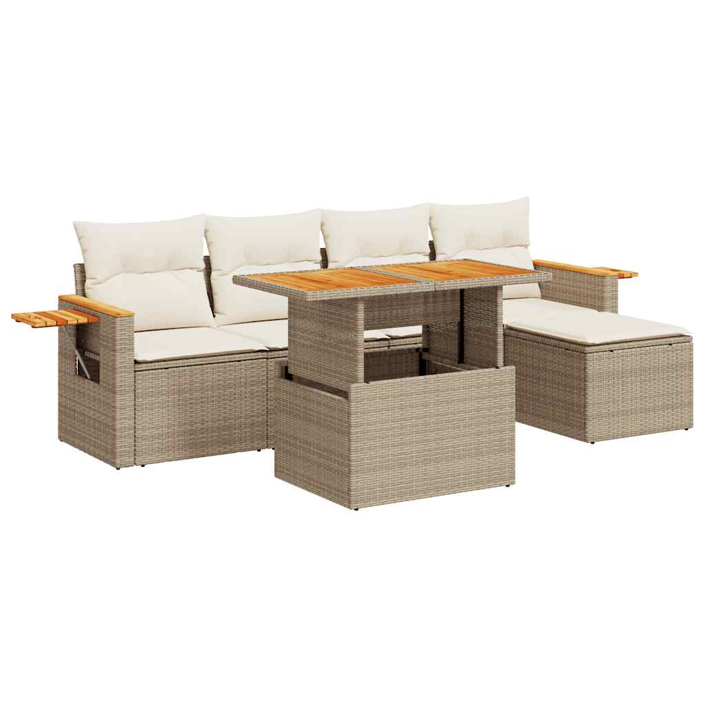 vidaXL 6 Piece Garden Sofa Set with Cushions Beige Poly Rattan Acacia