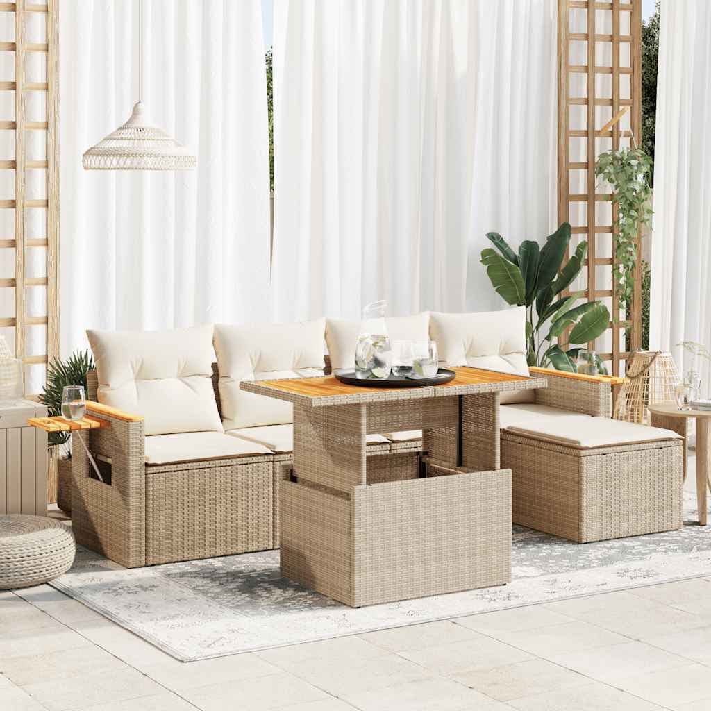 vidaXL 6 Piece Garden Sofa Set with Cushions Beige Poly Rattan Acacia