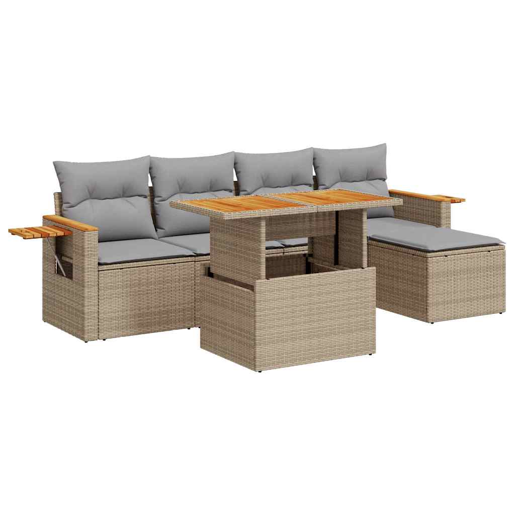 vidaXL 6 Piece Garden Sofa Set with Cushions Beige Poly Rattan Acacia