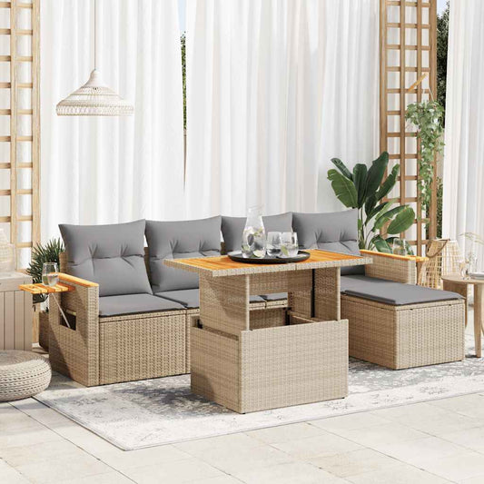 vidaXL 6 Piece Garden Sofa Set with Cushions Beige Poly Rattan Acacia