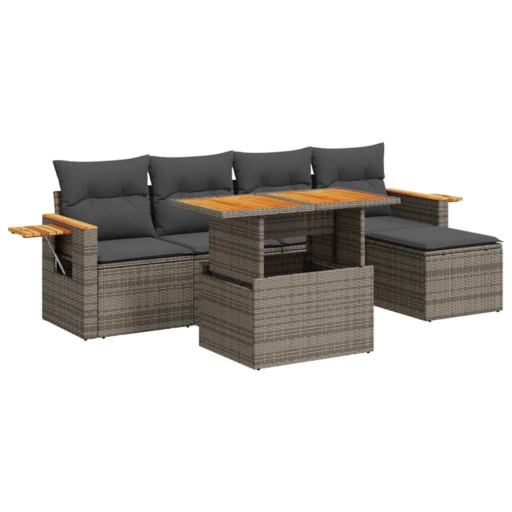 vidaXL 6 Piece Garden Sofa Set with Cushions Grey Poly Rattan Acacia