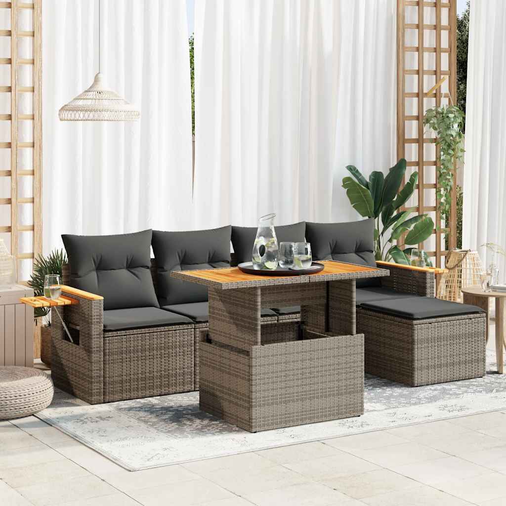 vidaXL 6 Piece Garden Sofa Set with Cushions Grey Poly Rattan Acacia