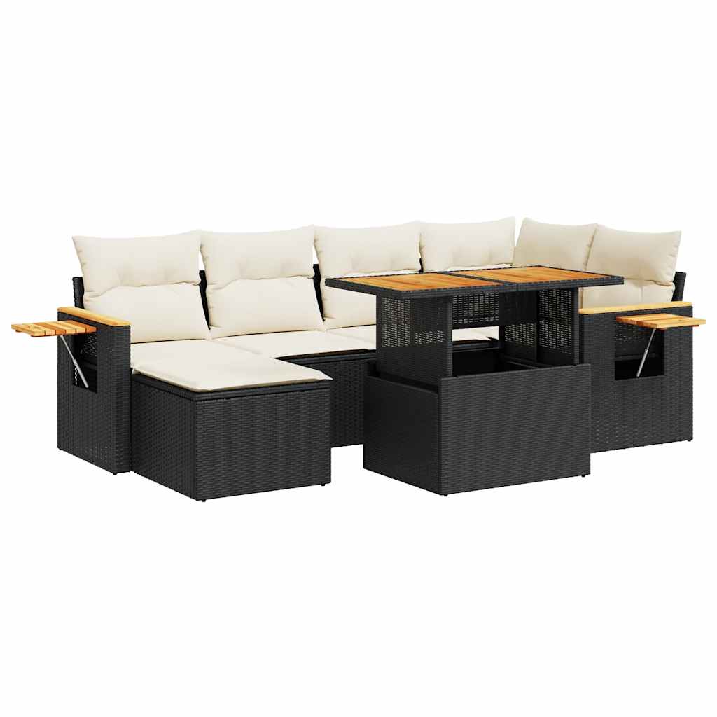 vidaXL 7 Piece Garden Sofa Set with Cushions Black Poly Rattan Acacia