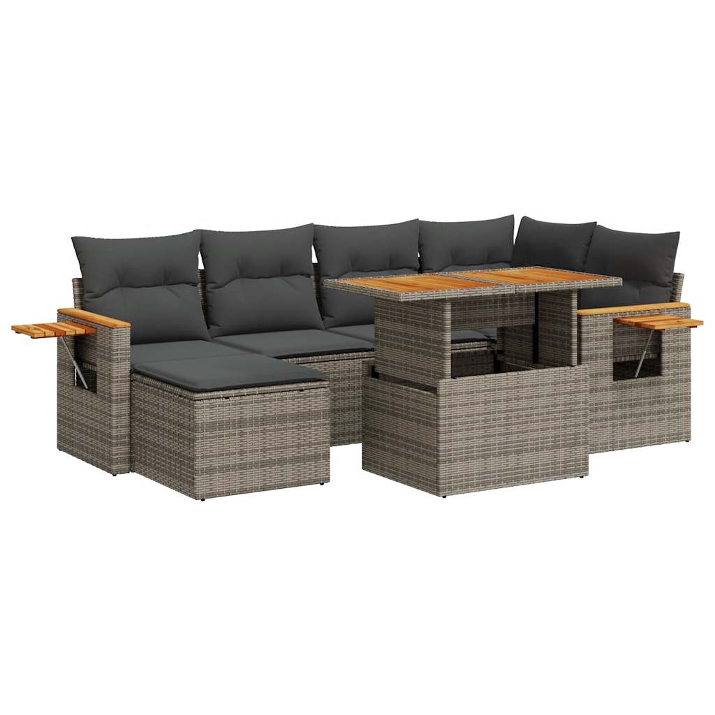 vidaXL 7 Piece Garden Sofa Set with Cushions Grey Poly Rattan Acacia