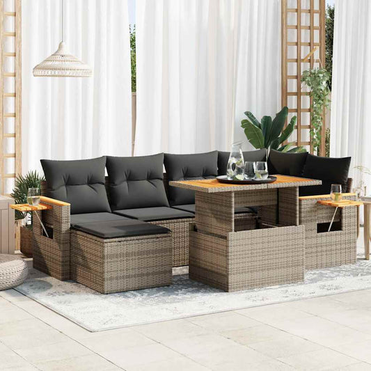 vidaXL 7 Piece Garden Sofa Set with Cushions Grey Poly Rattan Acacia