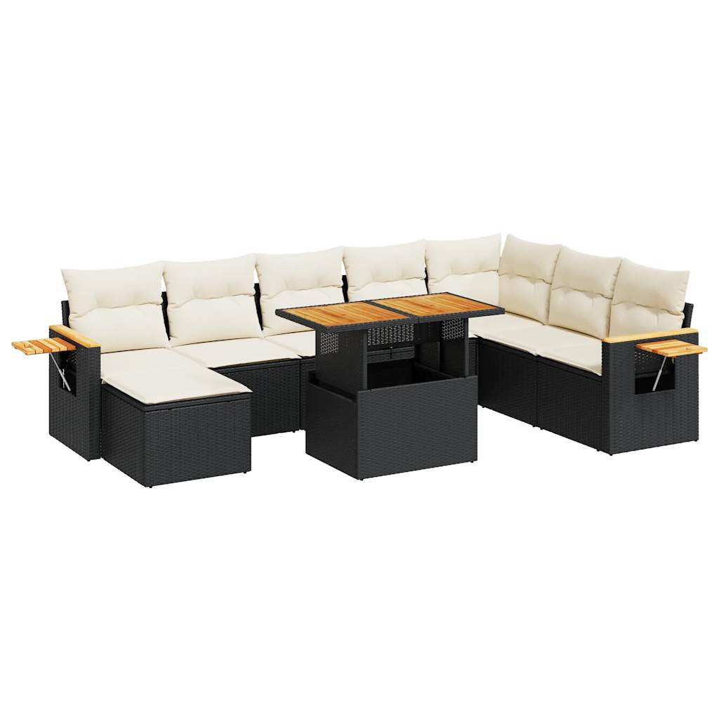 vidaXL 9 Piece Garden Sofa Set with Cushions Black Poly Rattan Acacia