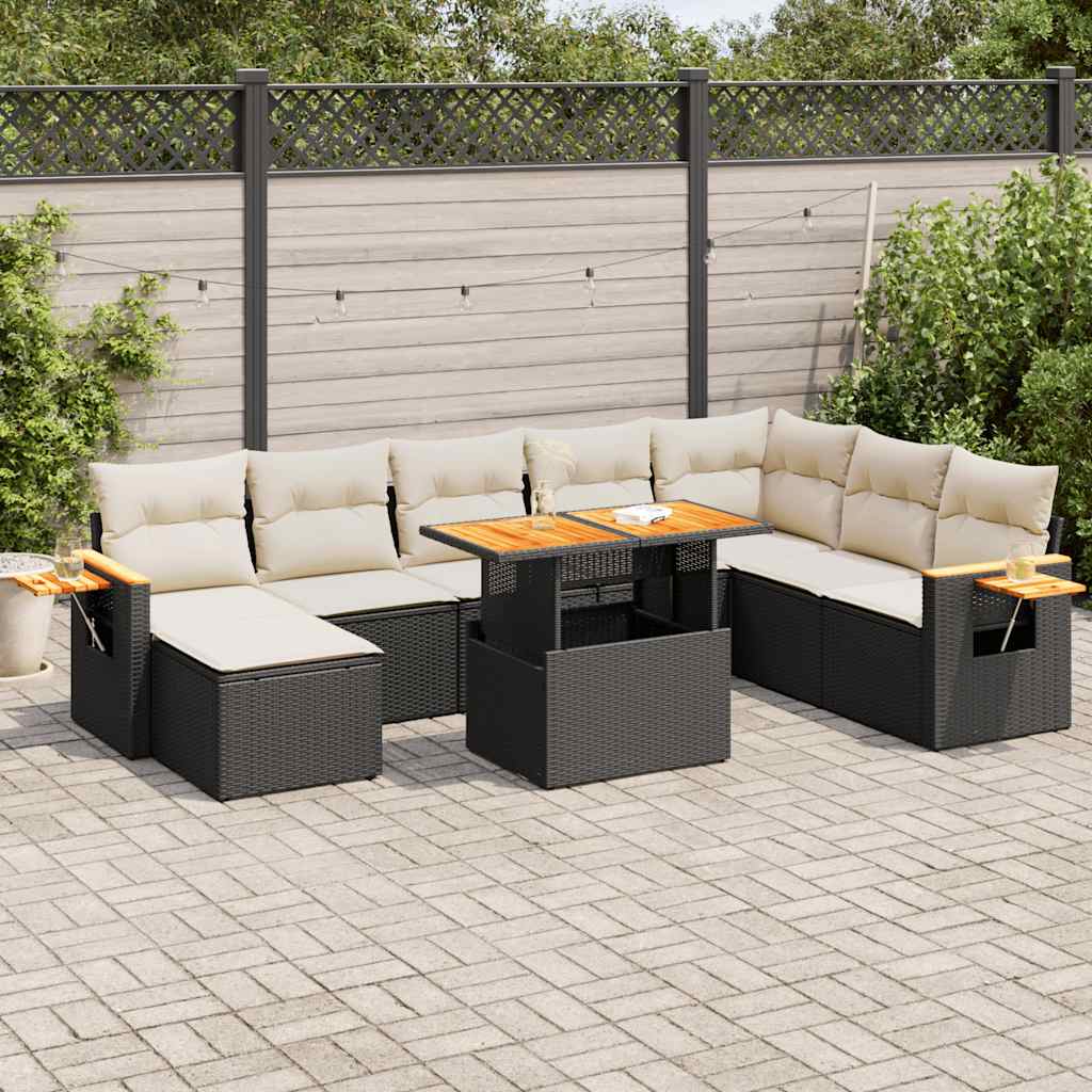 vidaXL 9 Piece Garden Sofa Set with Cushions Black Poly Rattan Acacia