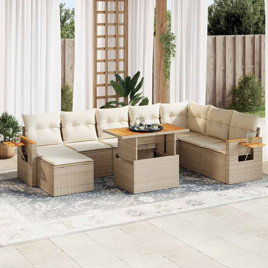 vidaXL 9 Piece Garden Sofa Set with Cushions Beige Poly Rattan Acacia