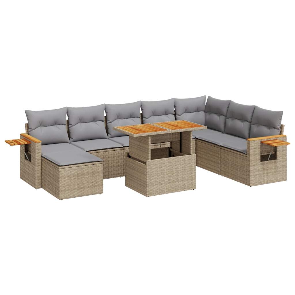 vidaXL 9 Piece Garden Sofa Set with Cushions Beige Poly Rattan Acacia