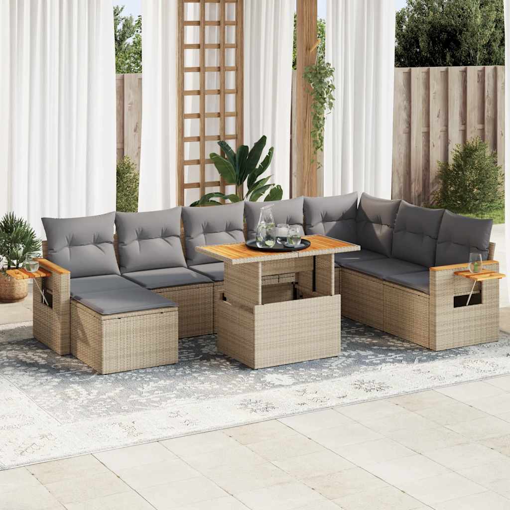 vidaXL 9 Piece Garden Sofa Set with Cushions Beige Poly Rattan Acacia