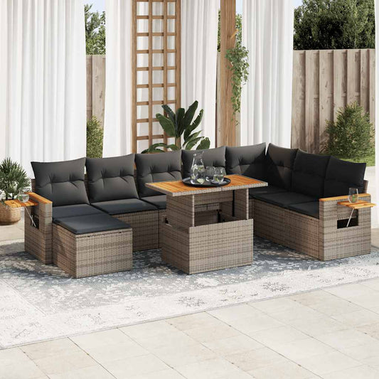 vidaXL 9 Piece Garden Sofa Set with Cushions Grey Poly Rattan Acacia