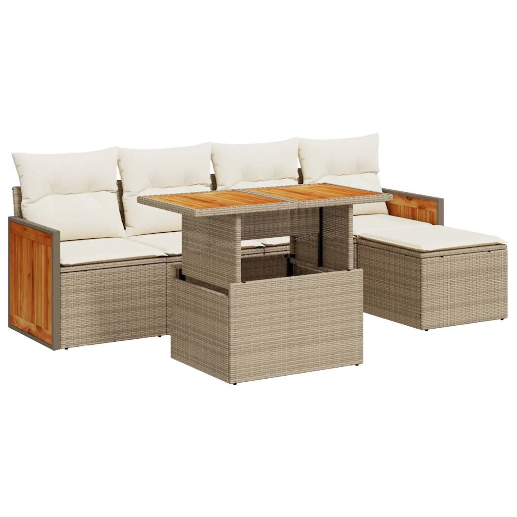 vidaXL 6 Piece Garden Sofa Set with Cushions Beige Poly Rattan Acacia