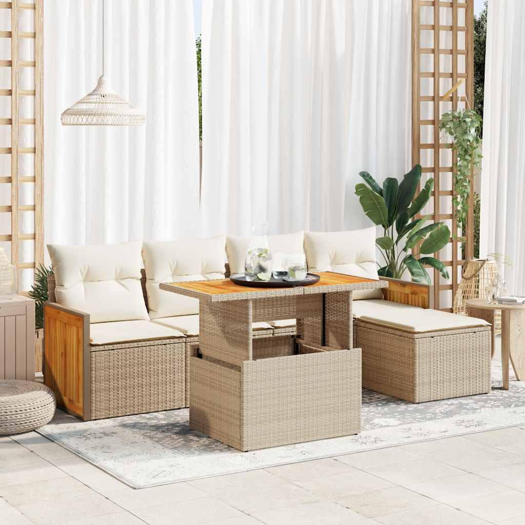 vidaXL 6 Piece Garden Sofa Set with Cushions Beige Poly Rattan Acacia