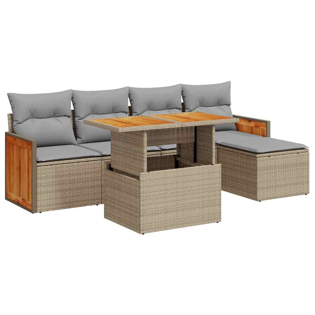 vidaXL 6 Piece Garden Sofa Set with Cushions Beige Poly Rattan Acacia