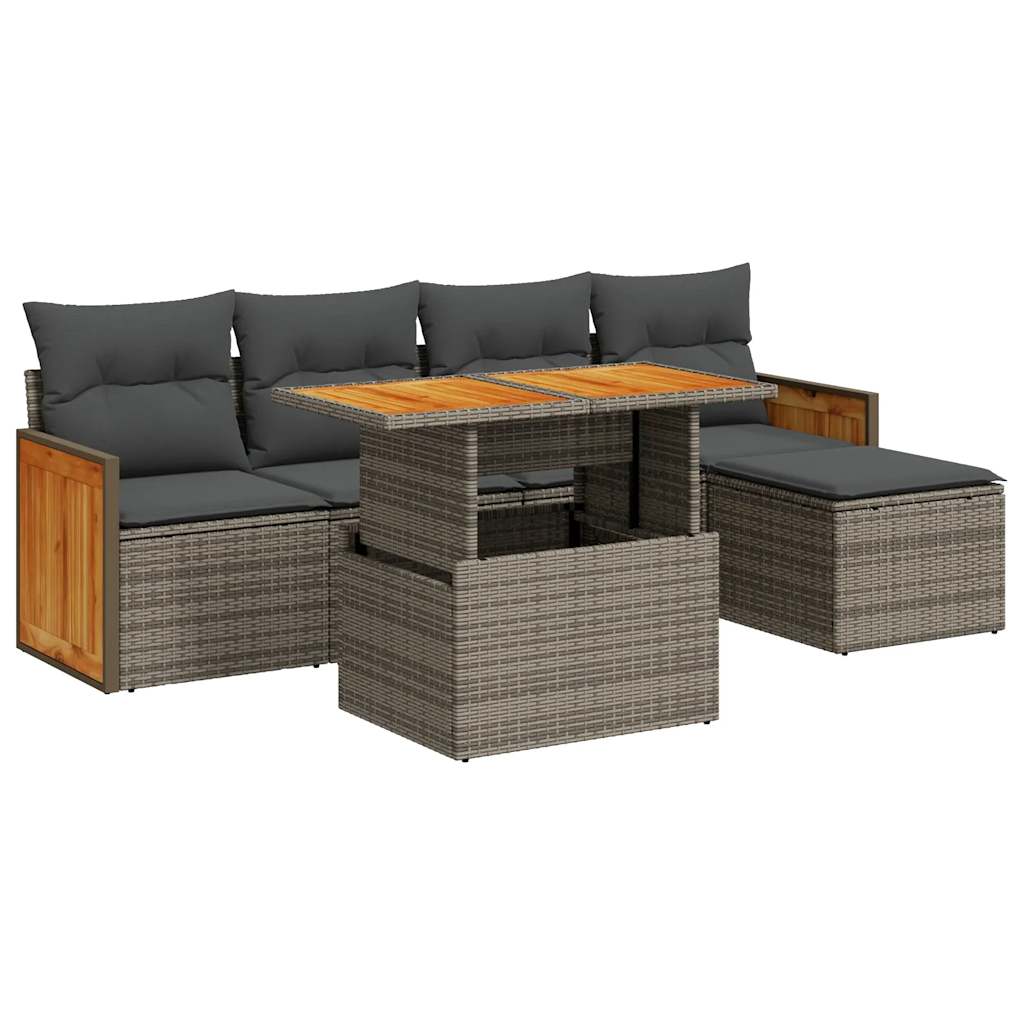 vidaXL 6 Piece Garden Sofa Set with Cushions Grey Poly Rattan Acacia