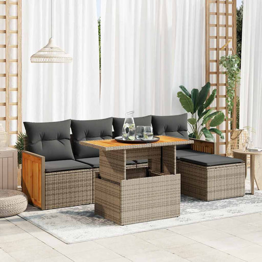 vidaXL 6 Piece Garden Sofa Set with Cushions Grey Poly Rattan Acacia