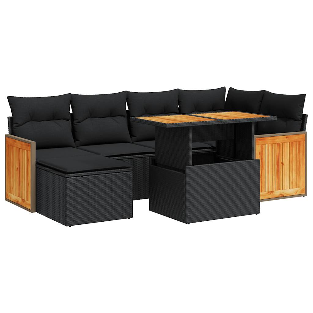 vidaXL 7 Piece Garden Sofa Set with Cushions Black Poly Rattan Acacia