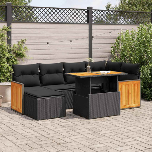 vidaXL 7 Piece Garden Sofa Set with Cushions Black Poly Rattan Acacia