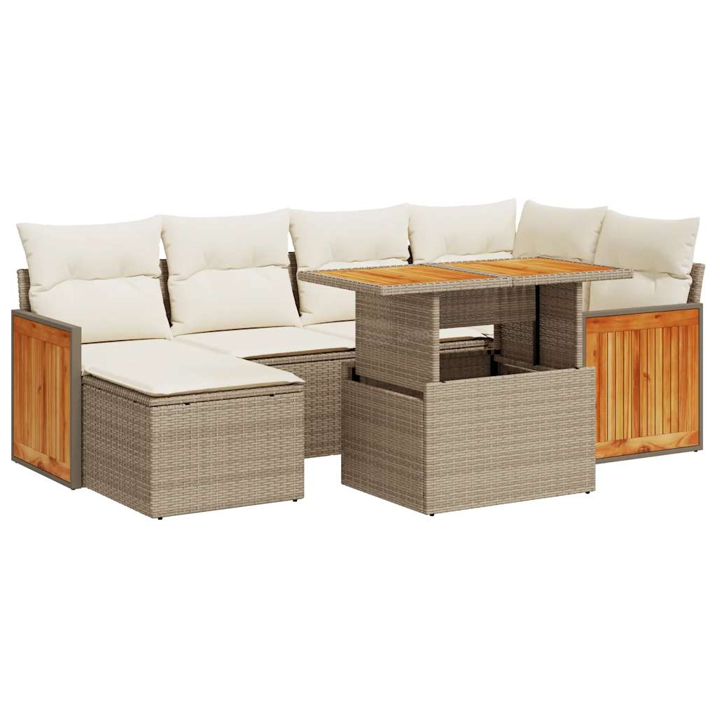 vidaXL 7 Piece Garden Sofa Set with Cushions Beige Poly Rattan Acacia