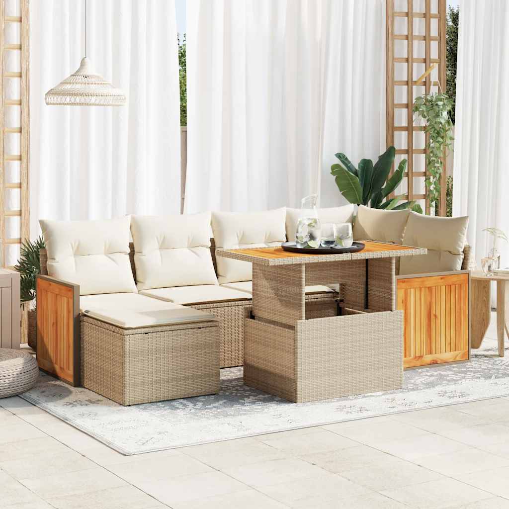 vidaXL 7 Piece Garden Sofa Set with Cushions Beige Poly Rattan Acacia