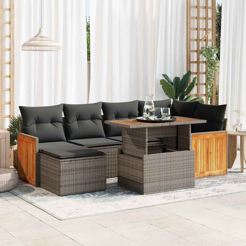 vidaXL 7 Piece Garden Sofa Set with Cushions Grey Poly Rattan Acacia