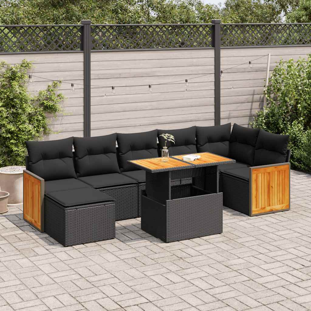 vidaXL 8 Piece Garden Sofa Set with Cushions Black Poly Rattan Acacia