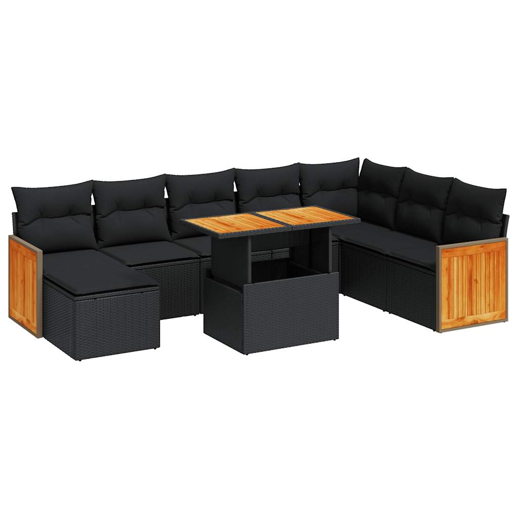 vidaXL 9 Piece Garden Sofa Set with Cushions Black Poly Rattan Acacia