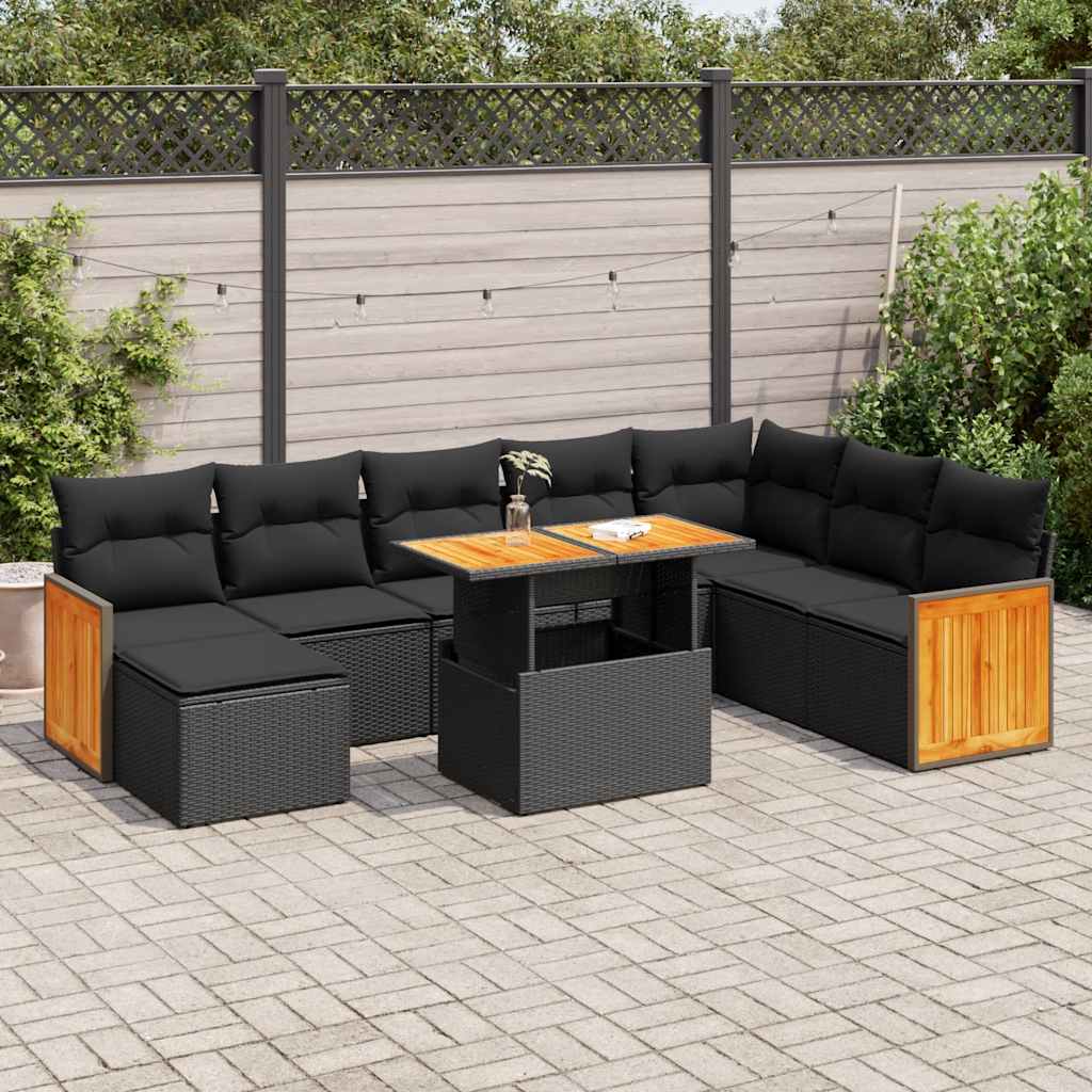 vidaXL 9 Piece Garden Sofa Set with Cushions Black Poly Rattan Acacia