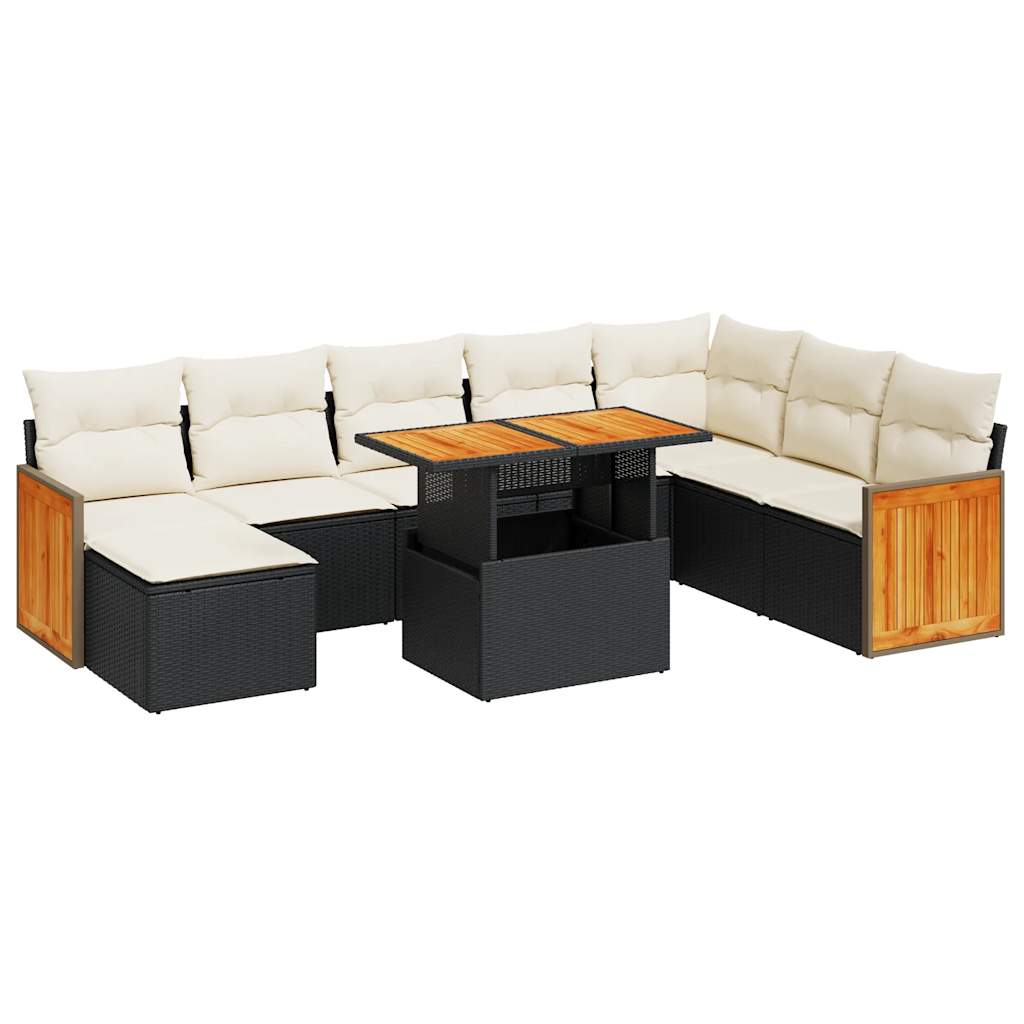 vidaXL 7 Piece Garden Sofa Set with Cushions Black Poly Rattan Acacia