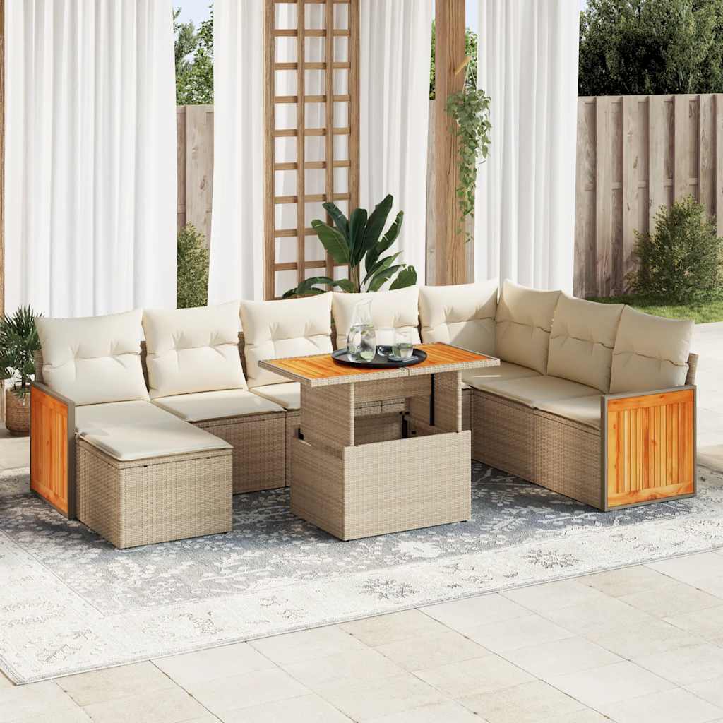 vidaXL 9 Piece Garden Sofa Set with Cushions Beige Poly Rattan Acacia