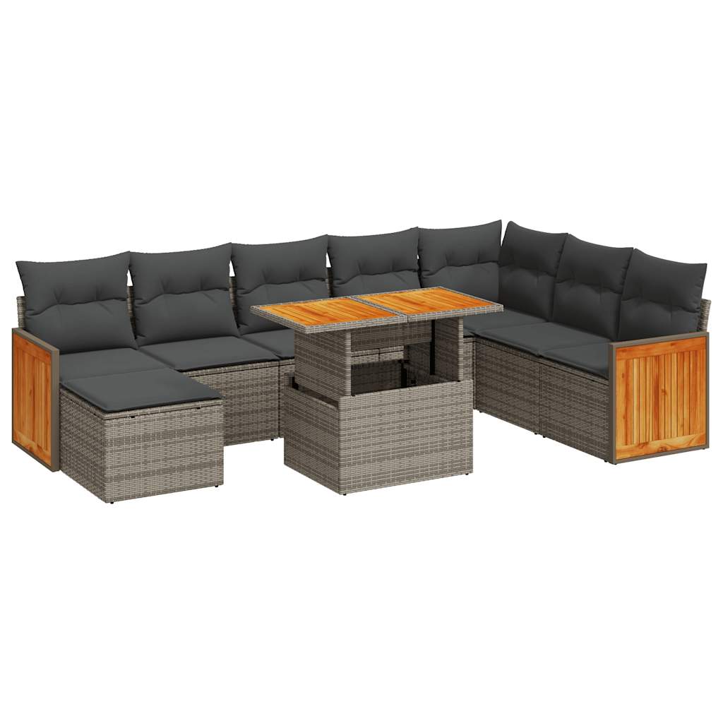 vidaXL 9 Piece Garden Sofa Set with Cushions Grey Poly Rattan Acacia