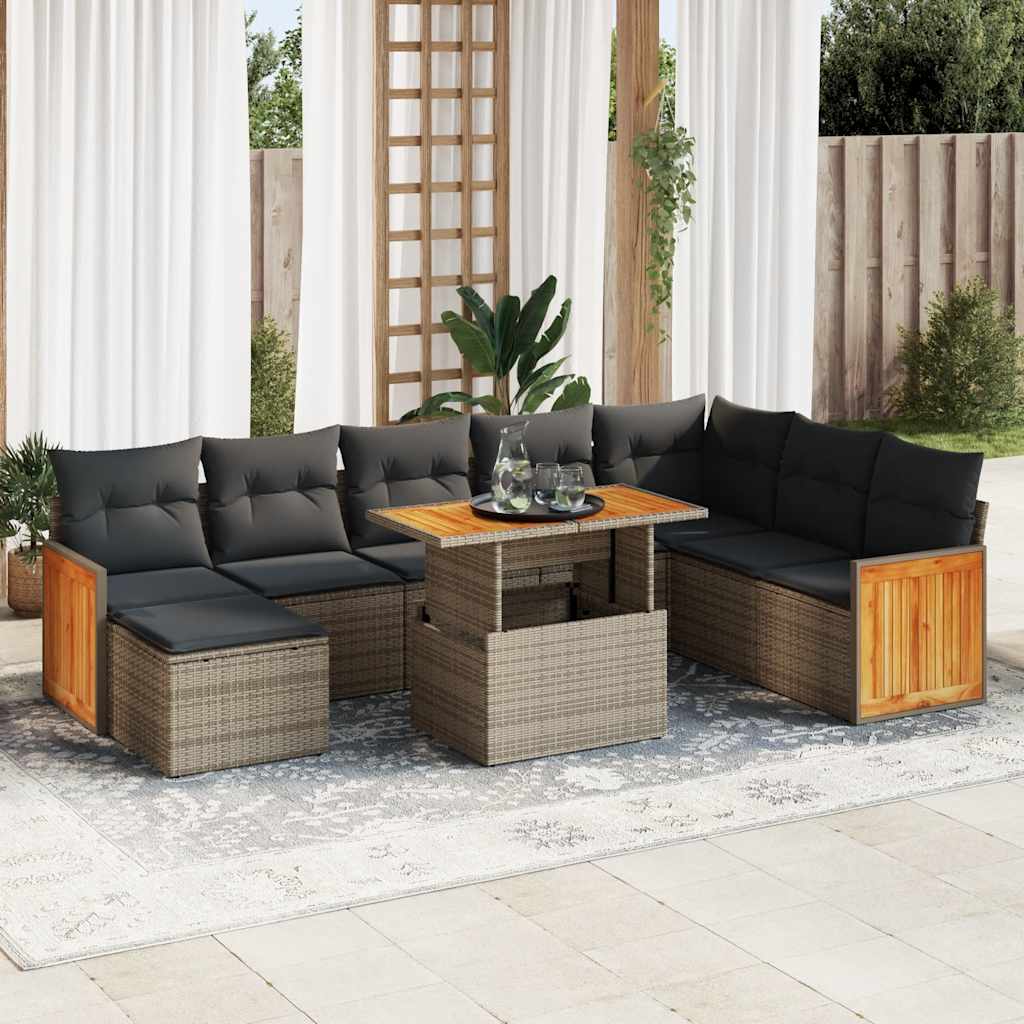 vidaXL 9 Piece Garden Sofa Set with Cushions Grey Poly Rattan Acacia