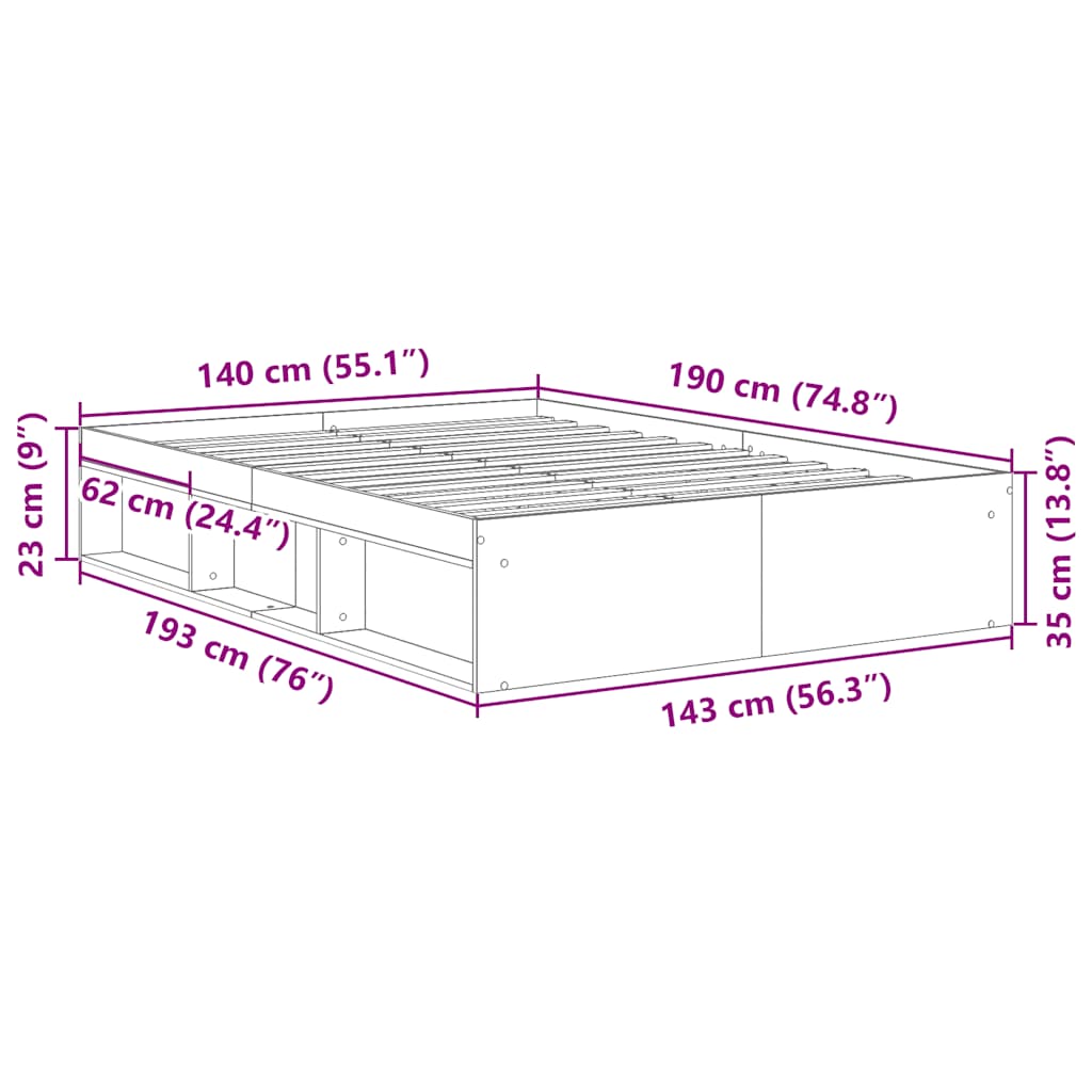 Bed Frame without Mattress Old Wood 140x190cm Engineered Wood