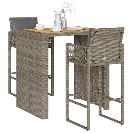 vidaXL 3 Piece Garden Bar Set with Cushions Grey Poly Rattan Acacia