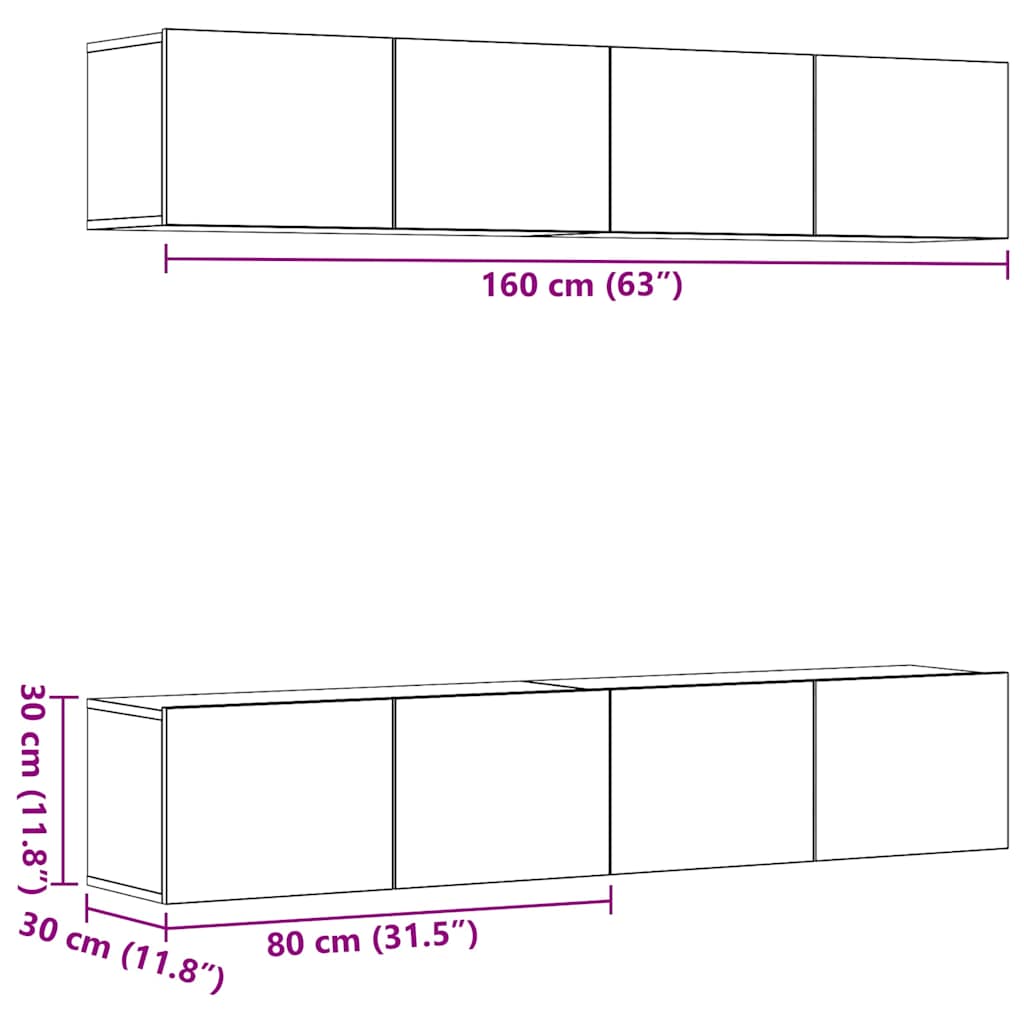 4 Piece Wall-mounted TV Cabinet Set Old Wood Engineered Wood