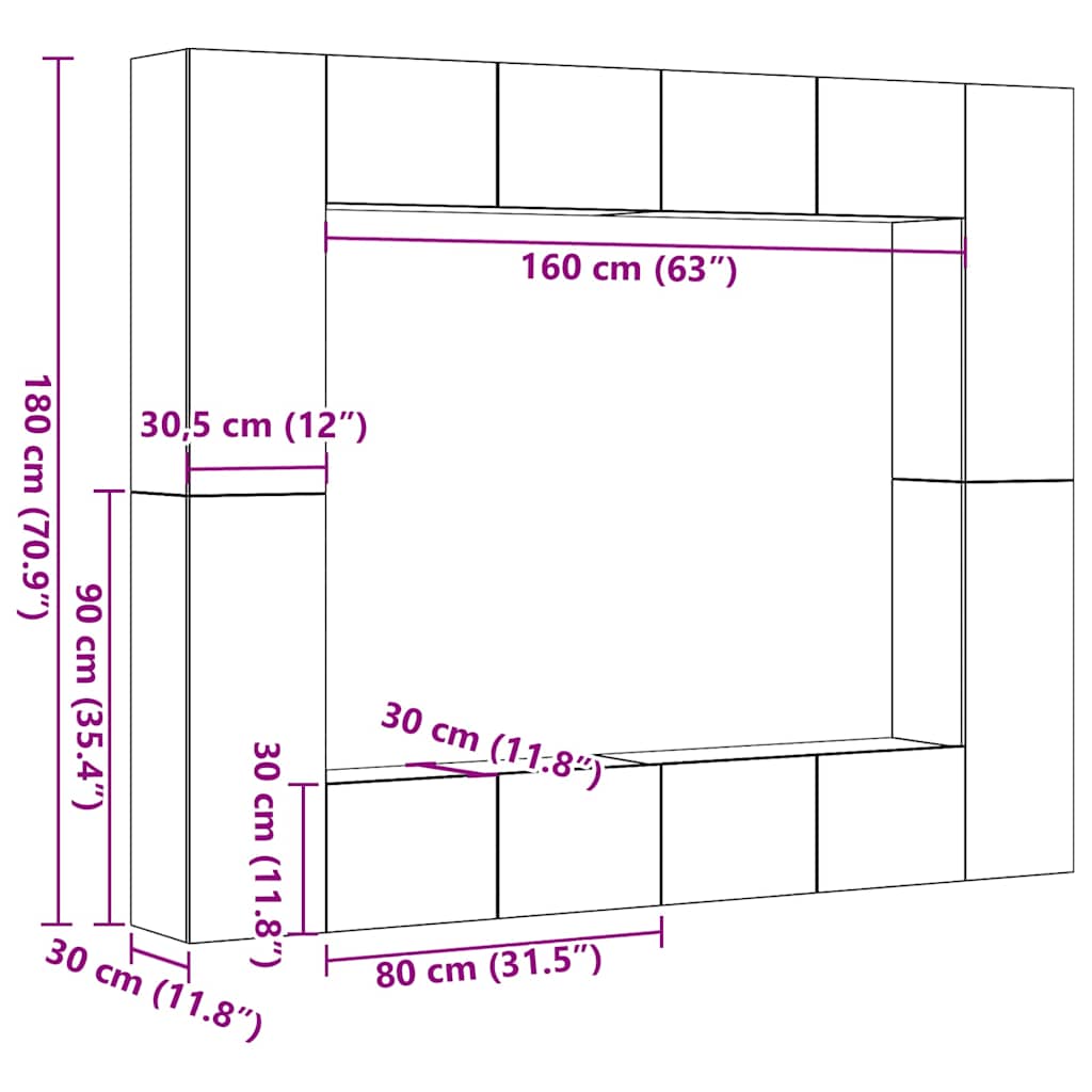 8 Piece Wall-mounted TV Cabinet Set Old Wood Engineered Wood
