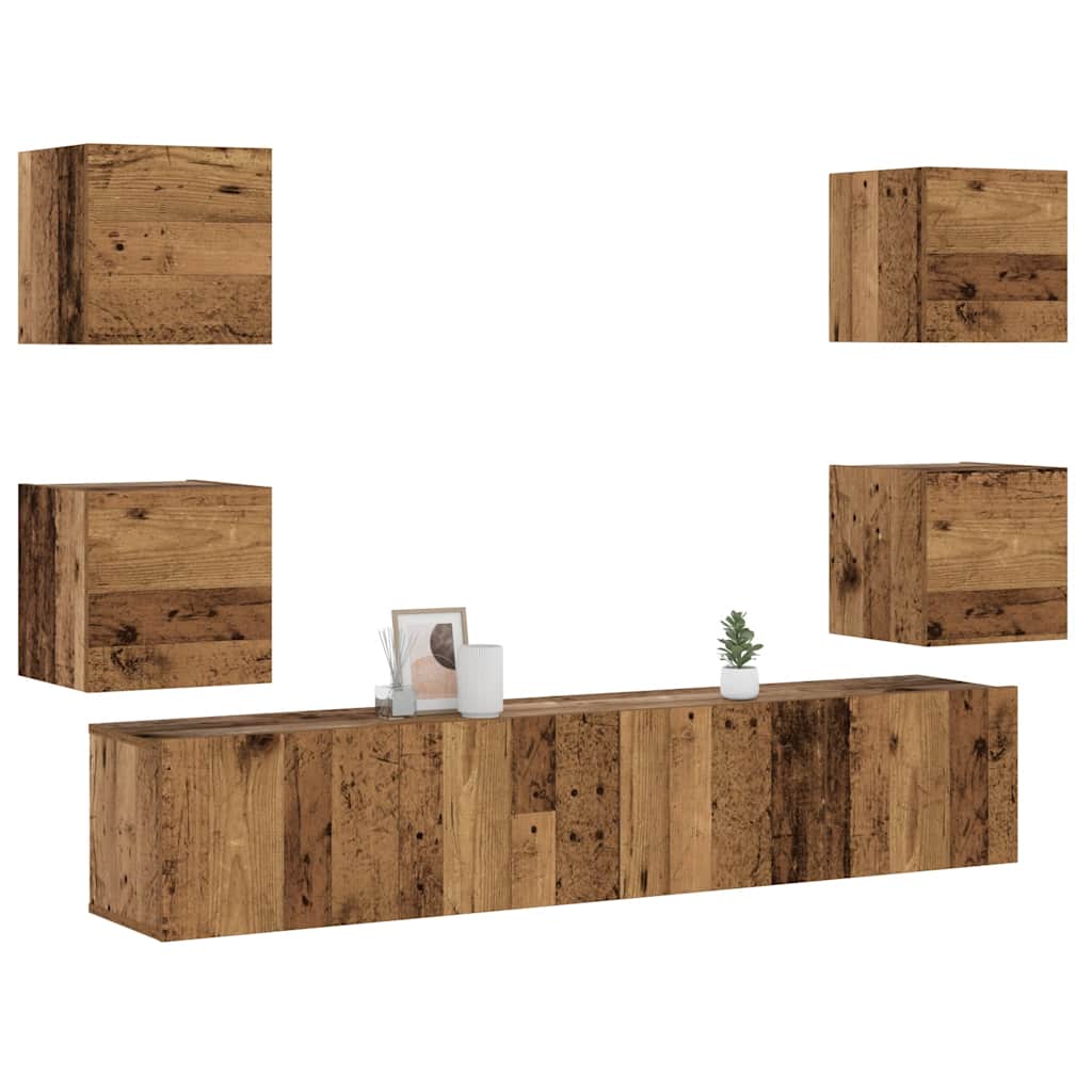 6 Piece Wall-mounted TV Cabinet Set Old Wood Engineered Wood