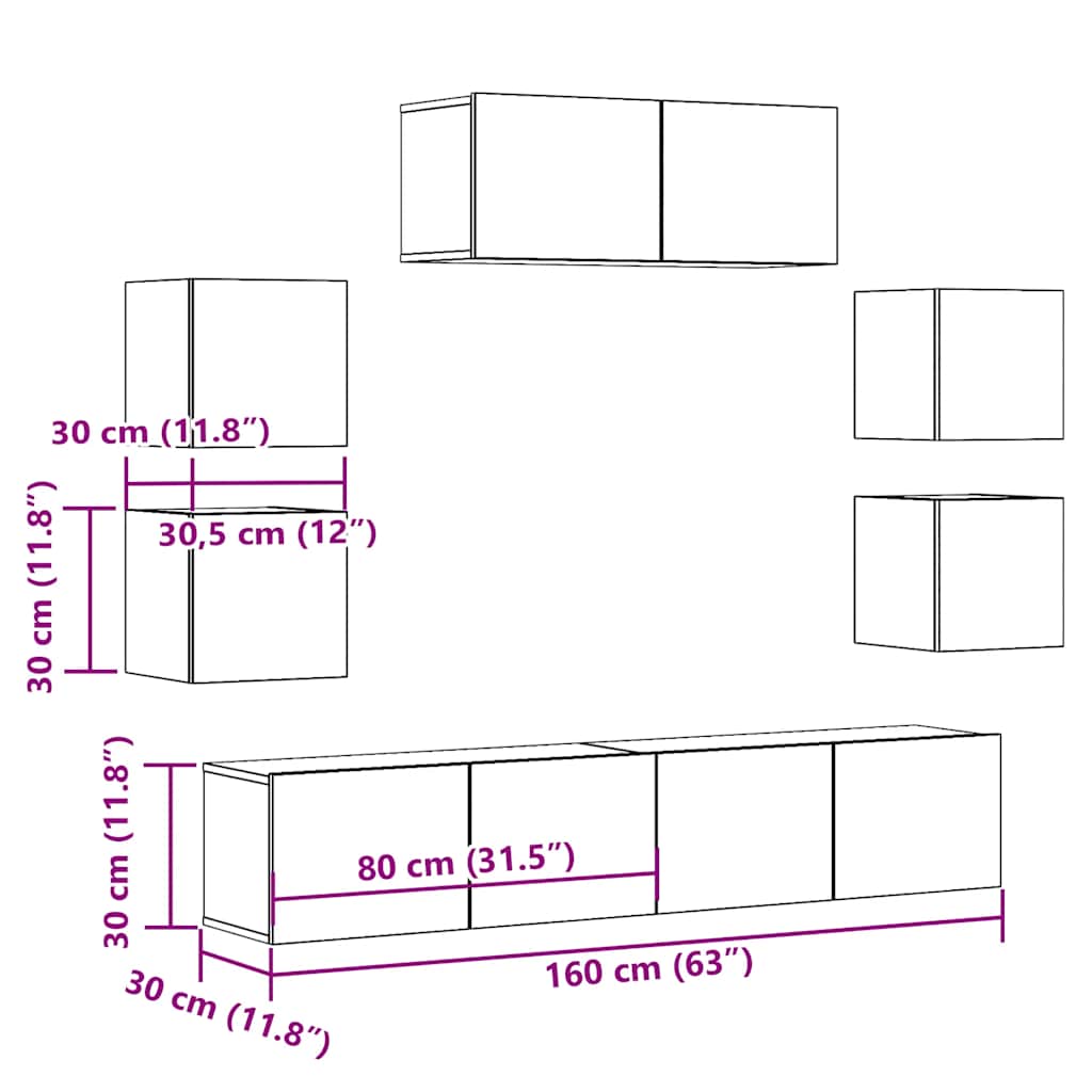 7 Piece TV Cabinet Set Wall-mounted Artisan Oak Engineered Wood
