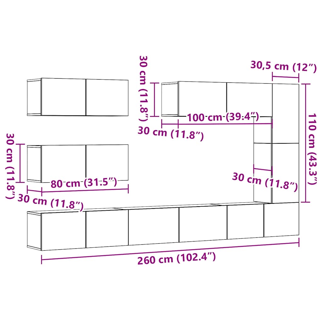 7 Piece TV Cabinet Set Wall-mounted Old Wood Engineered Wood