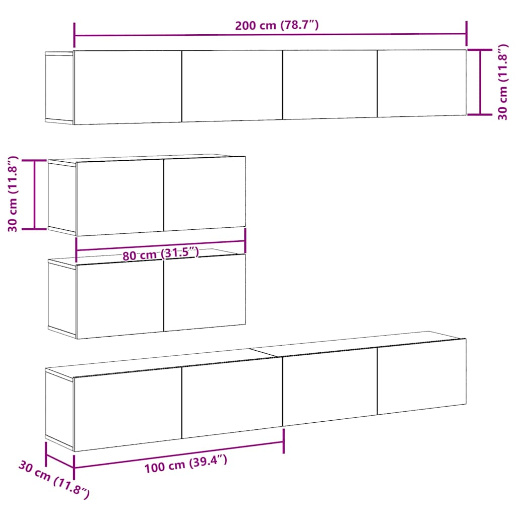 6 Piece TV Cabinet Set Wall-mounted Old Wood Engineered Wood