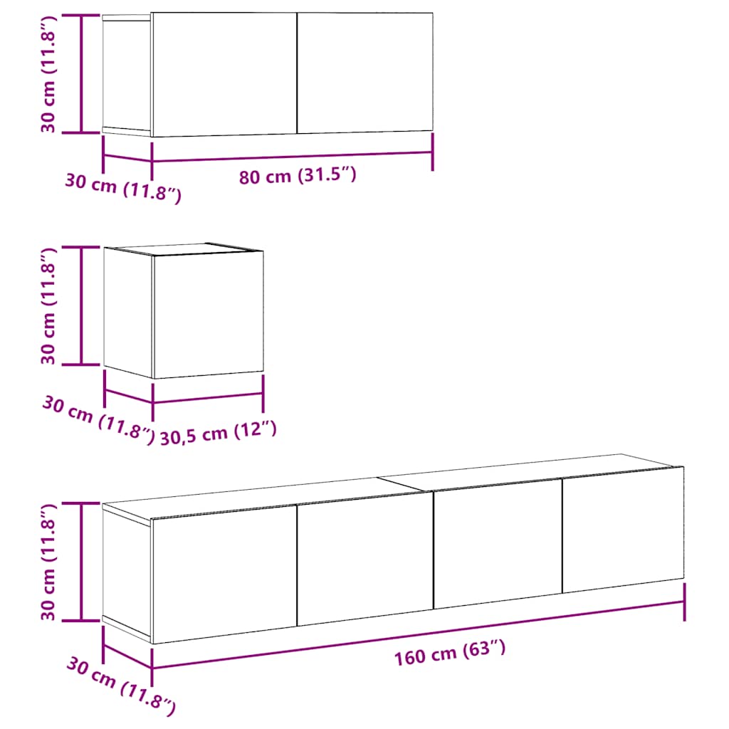 4 Piece TV Cabinet Set Wall-mounted Old Wood Engineered Wood