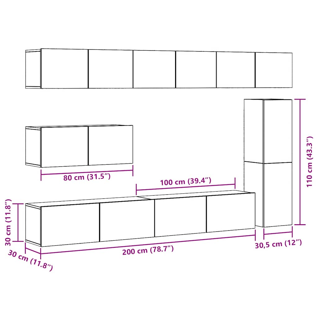 7 Piece TV Cabinet Set Wall-mounted Artisan Oak Engineered Wood