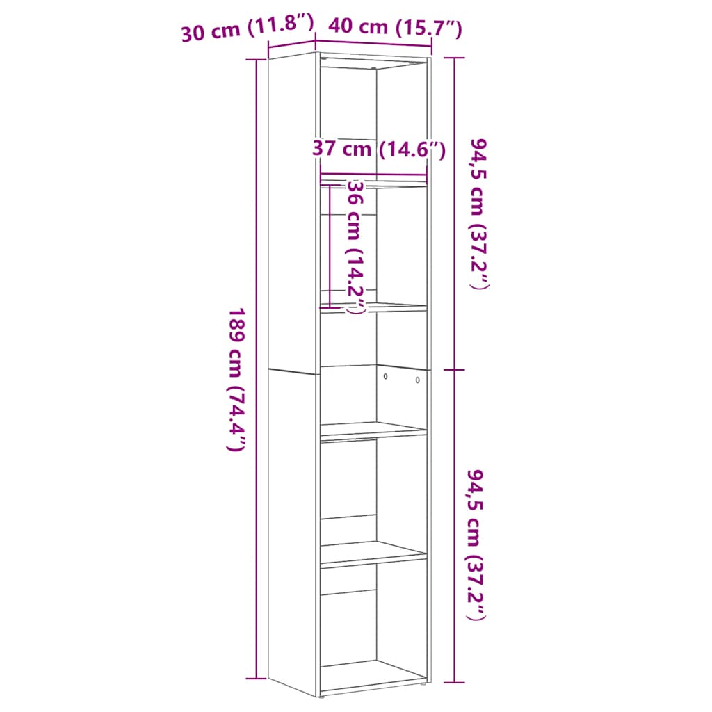 Book Cabinet Black Oak 40x30x189 cm Engineered Wood